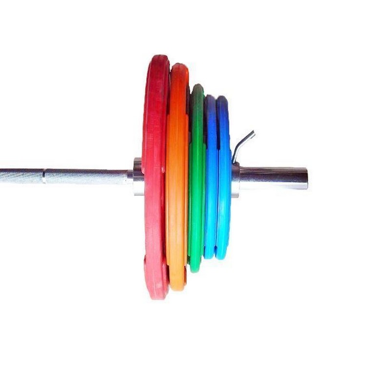 фото Штанга тренировочная 200 кг v-sport в комплекте с обрезиненными цветными дисками (гриф 2200мм, ? 50мм)