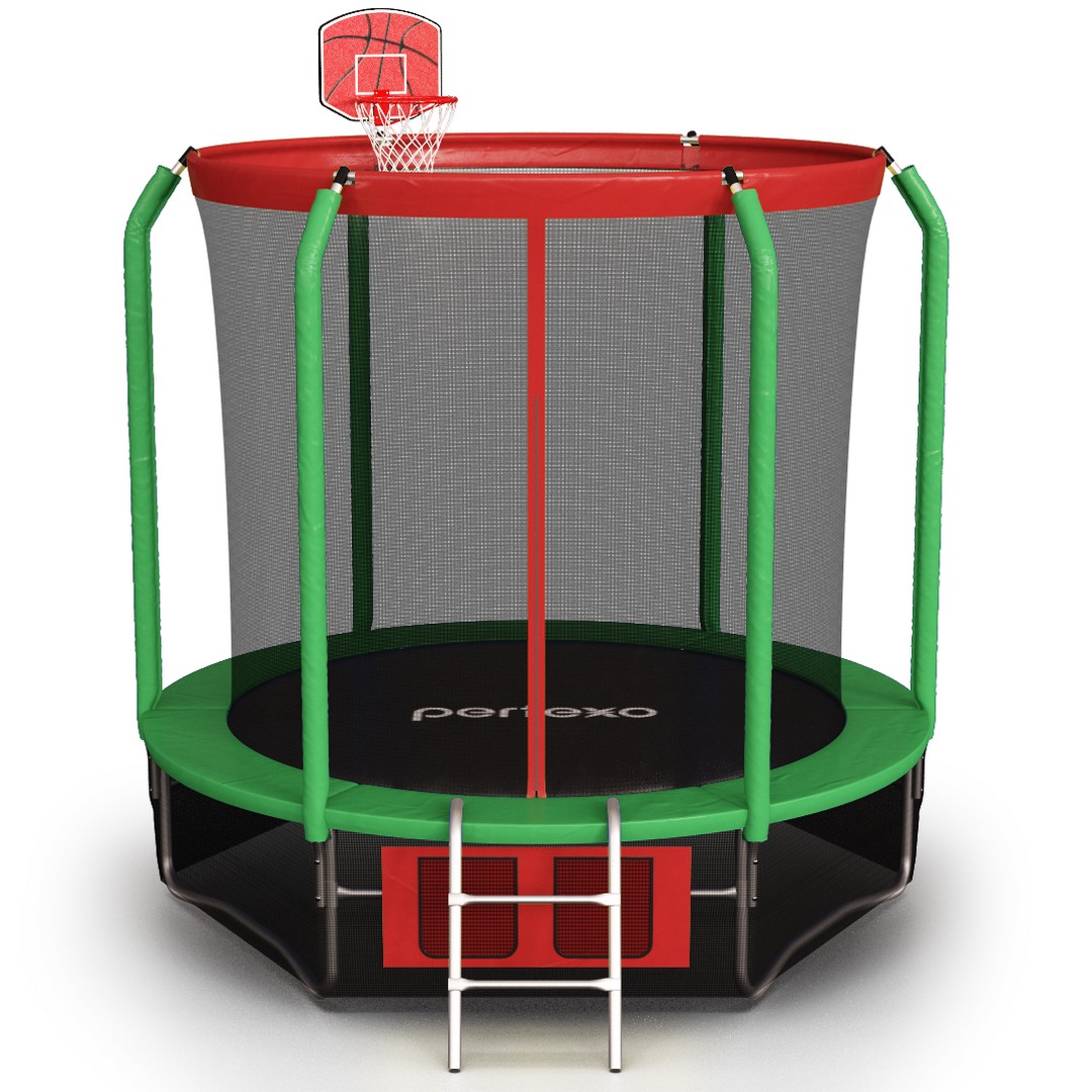 фото Батут perfexo, 8ft, 244 см с сеткой, лестницей, баскетбольным кольцом и сумкой для обуви красный-зеленый
